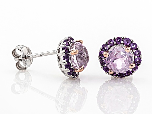 1.88ctw round Kunzite with .33ctw round African Amethyst Rhodium Over Sterling Silver Stud Earrings