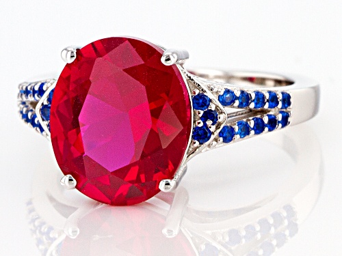 5.41ct Oval Lab Created Ruby With .66ctw Round Lab Created Blue Spinel Rhodium Over Silver Ring - Size 7