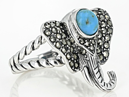 6mm round turquoise with 0.58ctw round marcasite sterling silver elephant ring - Size 8