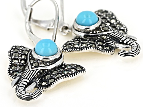 5mm round turquoise with 0.80ctw marcasite sterling silver elephant sterling silver dangle earrings