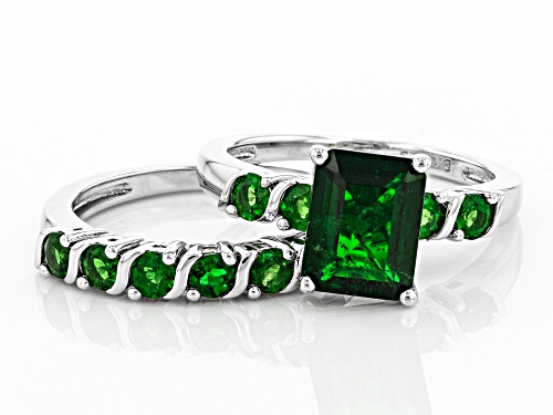 1.87ct Emerald Cut & .99ctw Round Chrome Diopside Rhodium Over Silver Ring With Band - Size 6