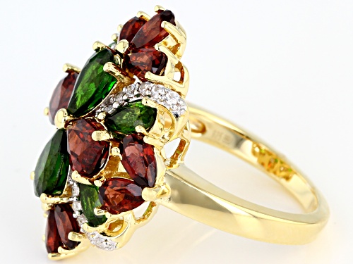 1.90CTW CHROME DIOPSIDE, 3.72CTW GARNET WITH .28CTW WHITE ZIRCON 18K YELLOW GOLD OVER SILVER RING - Size 7