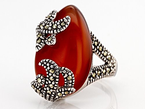 24x13mm Pear Shape Cabochon Red Onyx With Marcasite rhodium over Sterling Ring - Size 7