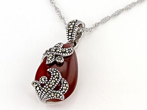 24x14mm Pear Shape Red onyx With Round Marcasite Sterling Silver Enhancer With Chain