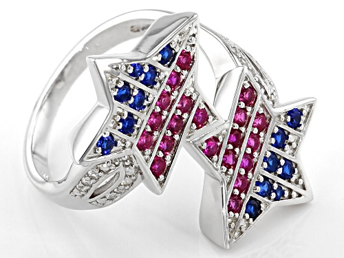 .75ctw Lab Created Blue Spinel, Ruby & Sapphire Rhodium Over Sterling Silver Bypass Patriotic Ring - Size 7