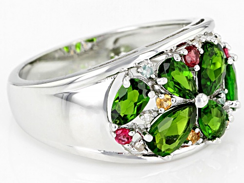 1.49ctw Pear Shape Chrome Diopside & .20ctw Multi-Gemstone Rhodium Over Silver Band Ring - Size 7