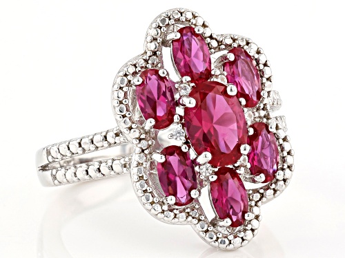 2.10ctw Oval Lab Created Ruby with .01ctw Round White Zircon Rhodium Over Sterling Silver Ring - Size 8