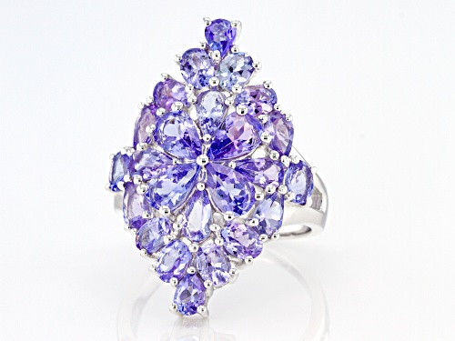 3.37ctw Pear Shape and 1.53ctw Oval Tanzanite Rhodium Over Sterling Silver Ring - Size 7