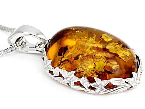 25X18MM OVAL CABOCHON AMBER RHODIUM OVER STERLING SILVER SOLITAIRE ENCHANCER WITH CHAIN