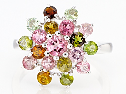 2.60ctw Round Multi-Color Tourmaline Rhodium Over Sterling Silver Cluster Ring - Size 11