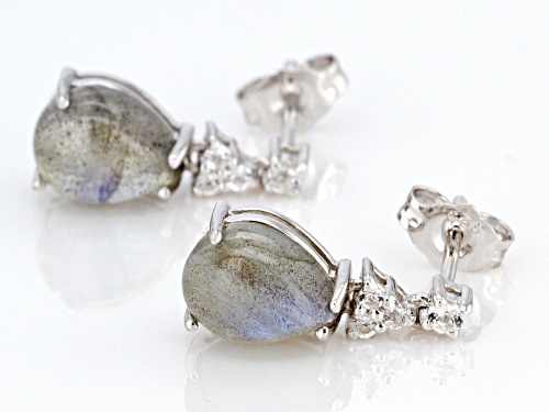 9x7mm Labradorite with .09ctw White Topaz Rhodium Over Sterling Silver Dangle Earrings