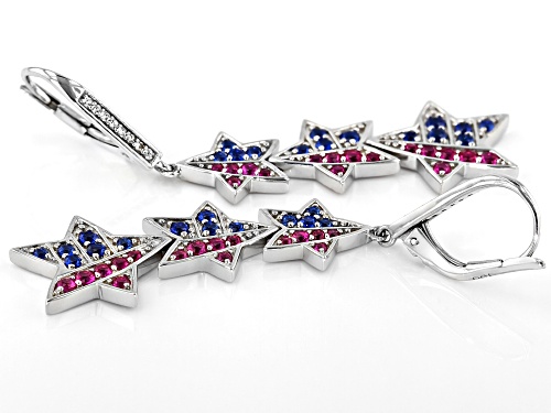 1.28ctw Lab Created Red & Blue Spinel & White Sapphire Rhodium Over Silver Dangle Star Earrings