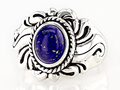 8X6MM OVAL CABOCHON LAPIS LAZULI RHODIUM OVER STERLING SILVER SOLITAIRE RING - Size 6