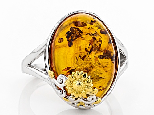 18x13mm Oval Amber Rhodium Over Sterling Silver With 18k Gold Enhanced Sunflower Detail Ring - Size 7