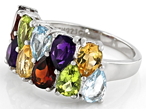 4.64ctw Pear Shape Multi-Gemstone Rhodium Over Sterling Silver Band Ring - Size 6