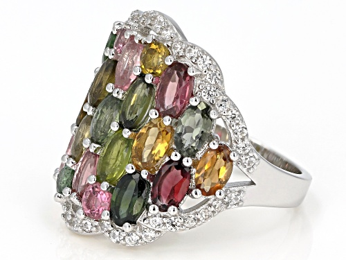 4.06ctw Oval & Round Multi-Color Tourmaline With .54ctw Zircon Rhodium Over Silver Cluster Band Ring - Size 9
