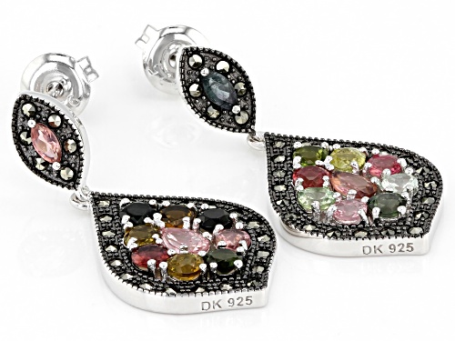 2.48ctw Mixed Shape Multi-Color Tourmaline & Marcasite Rhodium Over Silver Chandelier Earrings