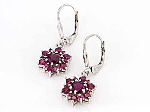 1.90ctw Round Raspberry Color Rhodolite Rhodium Over Sterling Silver Dangle Earrings