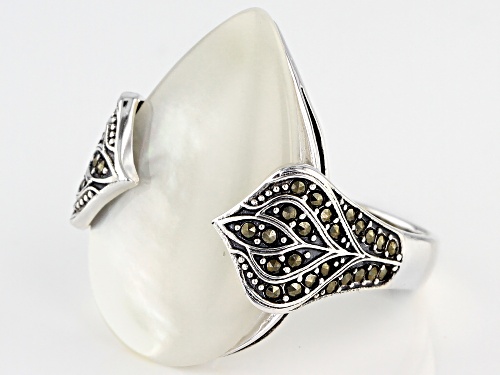 24x17mm Pear Shape Mother-Of-Pearl With Marcasite Sterling Silver Ring - Size 6