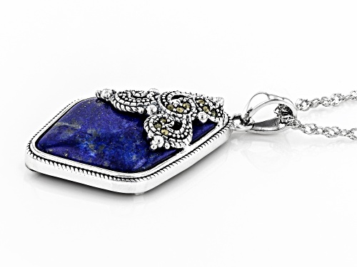 Free-Form Lapis Lazuli with Round Gray Marcasite Rhodium Over Sterling Silver Pendant with Chain