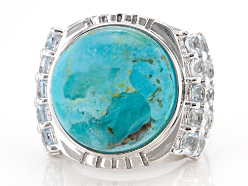 16mm round cabochon turquoise with 2.38ctw round Glacier Topaz(TM) rhodium over sterling silver ring - Size 7