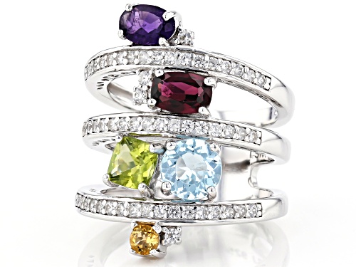 2.60ctw Mixed Shape Multi-Gemstone with .78ctw Round White Zircon Rhodium Over Sterling Silver Ring - Size 7