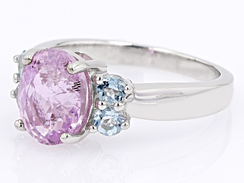 3.15ct Oval Kunzite With 0.41ctw Round Aquamarine Rhodium Over Sterling Silver Ring - Size 8