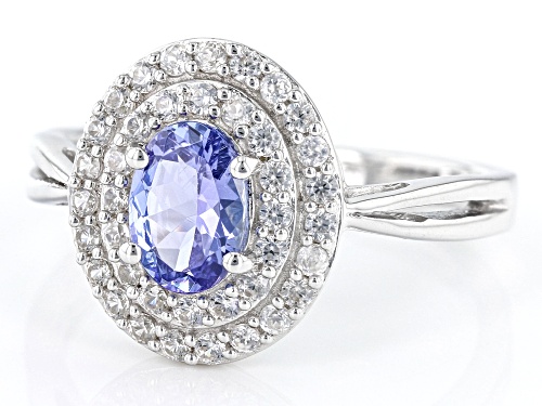 .63ct Oval Tanzanite With .32ctw Round White Zircon Rhodium Over Sterling Silver Ring - Size 10