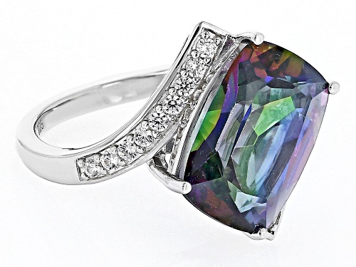 5.00ct Cushion Multi Quartz With 0.35ctw White Zircon Rhodium Over Sterling Silver Bypass Ring - Size 7