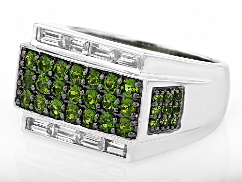 1.74ctw Round Chrome Diopside With 1.21ctw White Zircon Rhodium Over Sterling Silver Men's Ring - Size 9