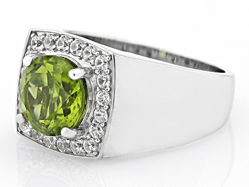 4.00ct Round Manchurian Peridot™ With 0.93ctw White Zircon Rhodium Over Silver Men's Ring - Size 12