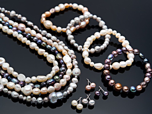 6-7mm Multi-Color Cultured Freshwater Pearl Rhodium Over Silver (4) Necklace, Bracelet, Earring Sets