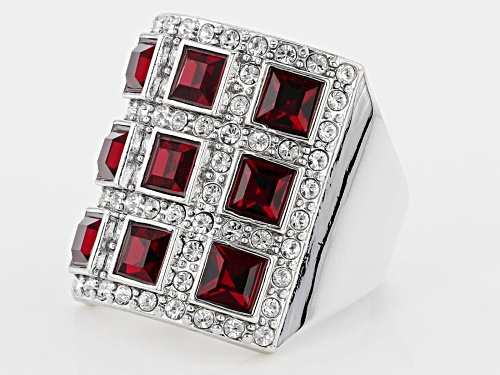 Off Park ® Collection, Silver Tone Red  and White Crystal Multi Row Ring - Size 6
