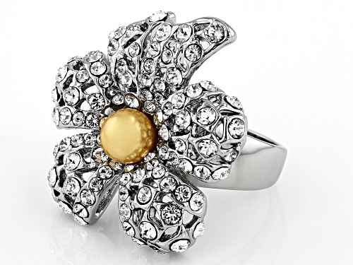 Off Park ® Collection, White Crystal and Yellow Pearl Simulant Silver Tone Ring - Size 8