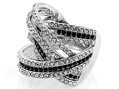 Off Park ® Collection, Black and White Crystal, Silver tone Over Brass Crossover Ring - Size 9