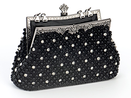 Off Park ® Collection, Black Fabric and White Crystal Hematine Tone Clutch
