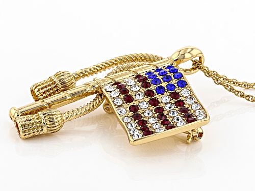 Off Park ® Collection, Red, White, and Blue Crystal Gold Tone American Flag Pin/Pendant with Chain