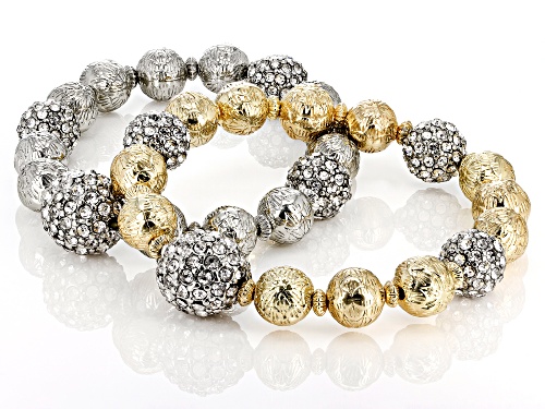 Off Park ® Collection, White and Yellow Pave Beaded Crystal Gold tone Stretch Bracelet Set of 2