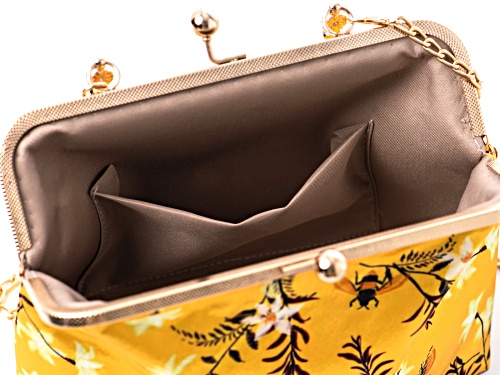 Off Park ® Collection, Yellow Bee Print Fabric Gold Tone Clutch