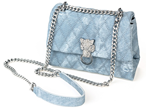Off Park® Collection, White Crystal Panther Blue Fabric Silver Tone Clutch