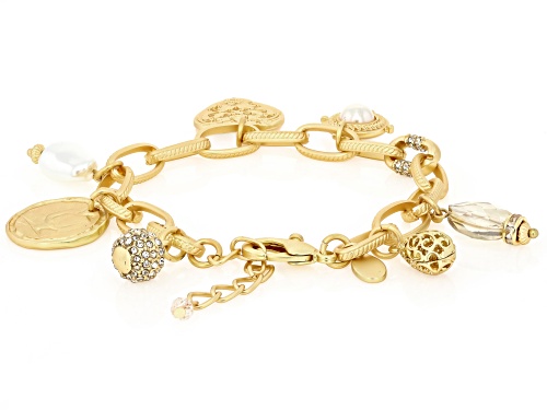 Off Park® Collection, Pearl Simulant & Glass Crystal Bead Gold Tone Charm Bracelet - Size 7.5