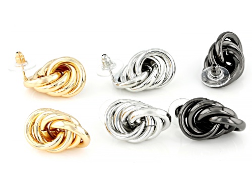 Off Park® Collection, Gold Tone, Silver Tone & Hematine Tone Knot Earrings Set of 3