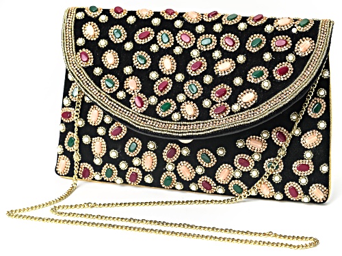 Off Park® Collection, Multi-Color Crystal & Pearl Simulant Gold Tone Black Clutch