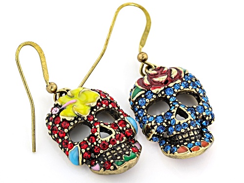 Off Park ® Collection multi color crystal antiqued gold tone day of the dead dangle earrings