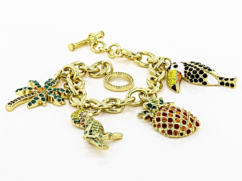 Off Park ® Collection, Multicolor Crystal Gold Tone Parrot, Pineapple, Palm Tree Charm Bracelet