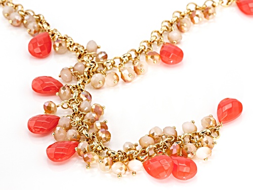 Off Park ® Collection, Coral Color Crystal,  Champagne Color Beads, Gold tone Y Necklace