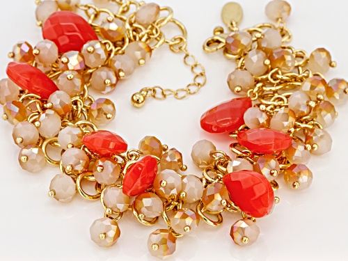 Off Park ® Collection, Coral Color Crystal,  Champagne Color Beads, Gold tone Statement Bracelet