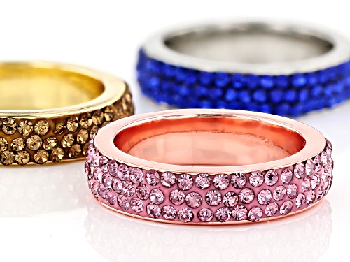 Off Park ® Collection, Round Pink, Blue & Yellow Crystal, Tri- color Band Rings Set of Three - Size 7