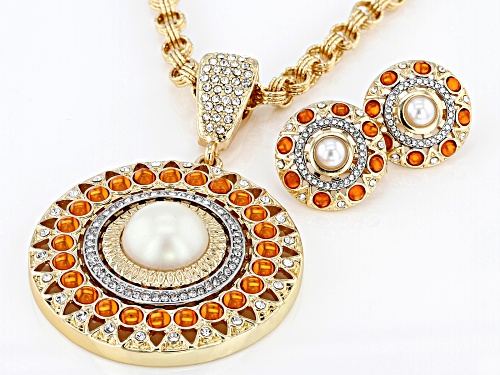 Off Park Collection® White Crystal With Pearl Simulant, Orange Bead Gold Tone Enhancer & Earrings