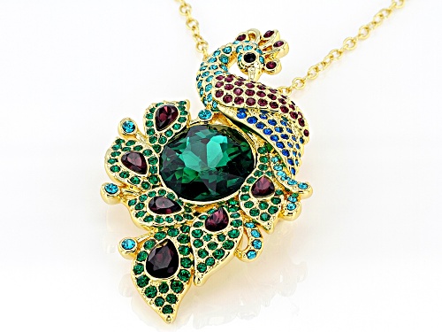 Off Park ® Collection, Multi-color Crystal Shiny Gold Tone Peacock Pendant/Pin With Chain